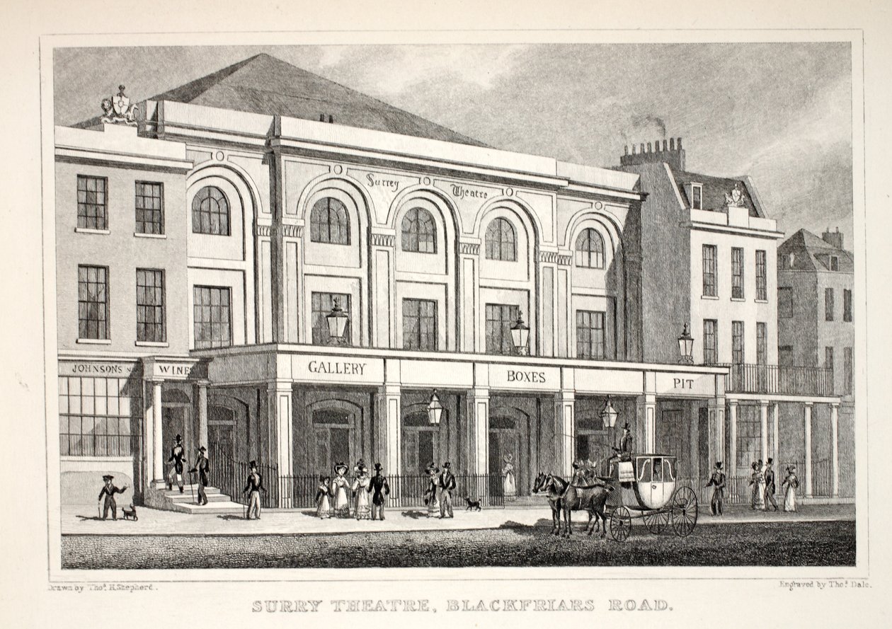 Surry Theatre, Blackfriars Road, do pub "London and its Environs in the 19th Century". Jones und Co., 1827-1829 de Thomas Hosmer Shepherd