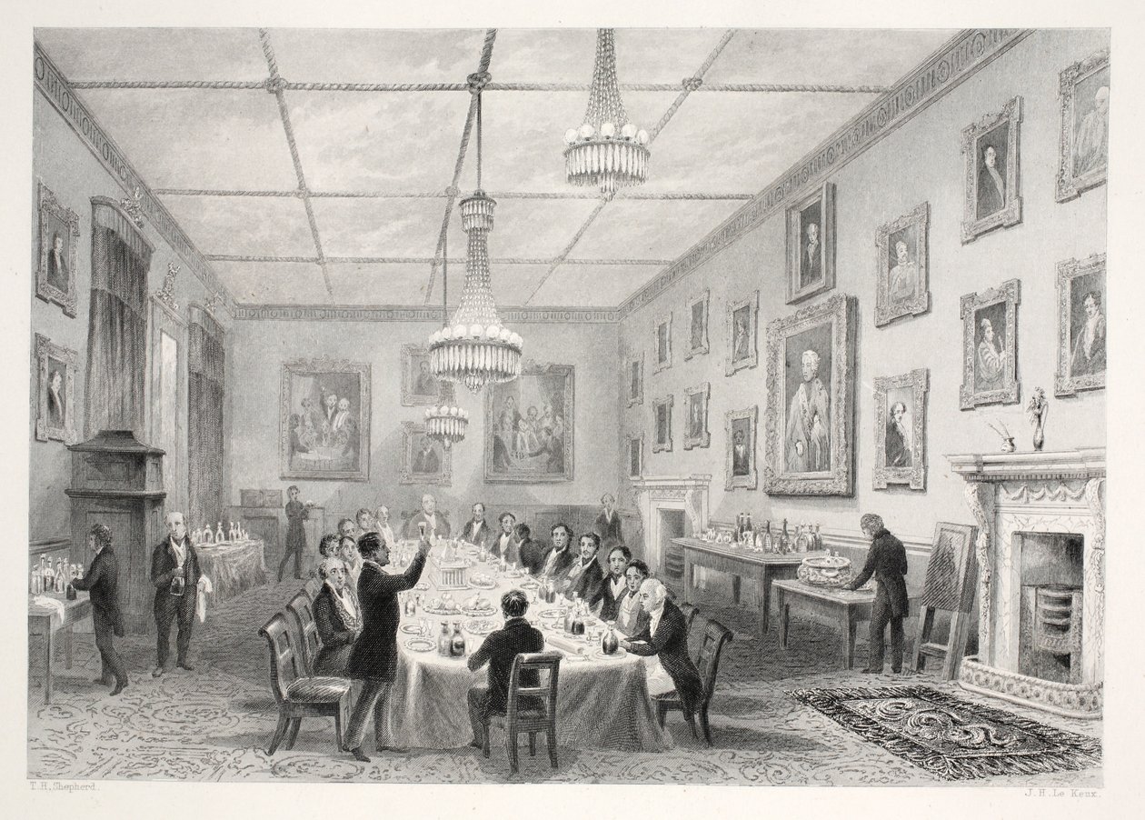 Thatched-House, do pub "London Interiors com suas fantasias e cerimônias". Joseph Mead, Londres, c.1843 (gravura em aço) de Thomas Hosmer Shepherd