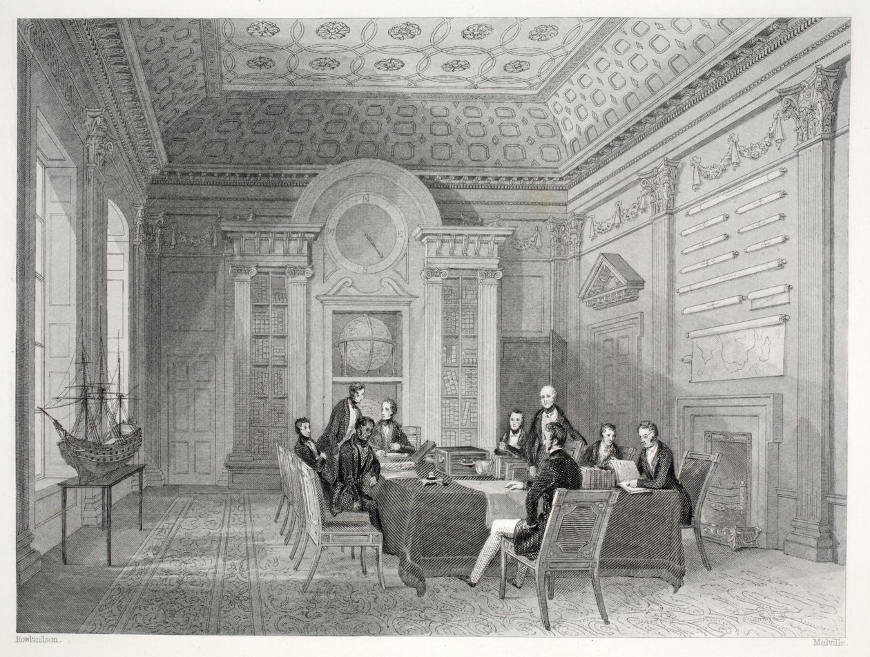 A sala de diretoria do Almirantado, do pub "London Interiors with their Costumes and Ceremonies". Joseph Mead, Londres, c.1843 (gravura em aço) de Thomas Hosmer Shepherd
