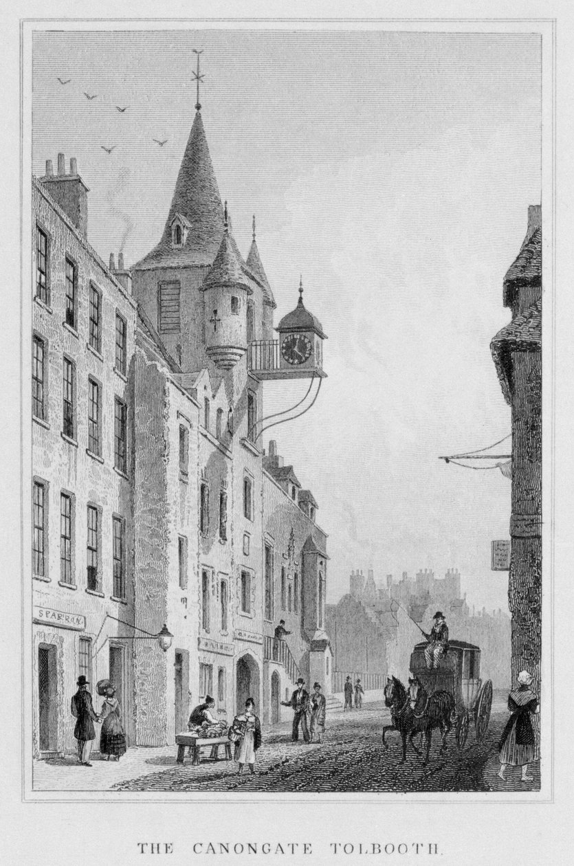 O Canongate Tolbooth, Edimburgo, gravado por Thomas Barber, foto 1829 bw) de Thomas Hosmer Shepherd