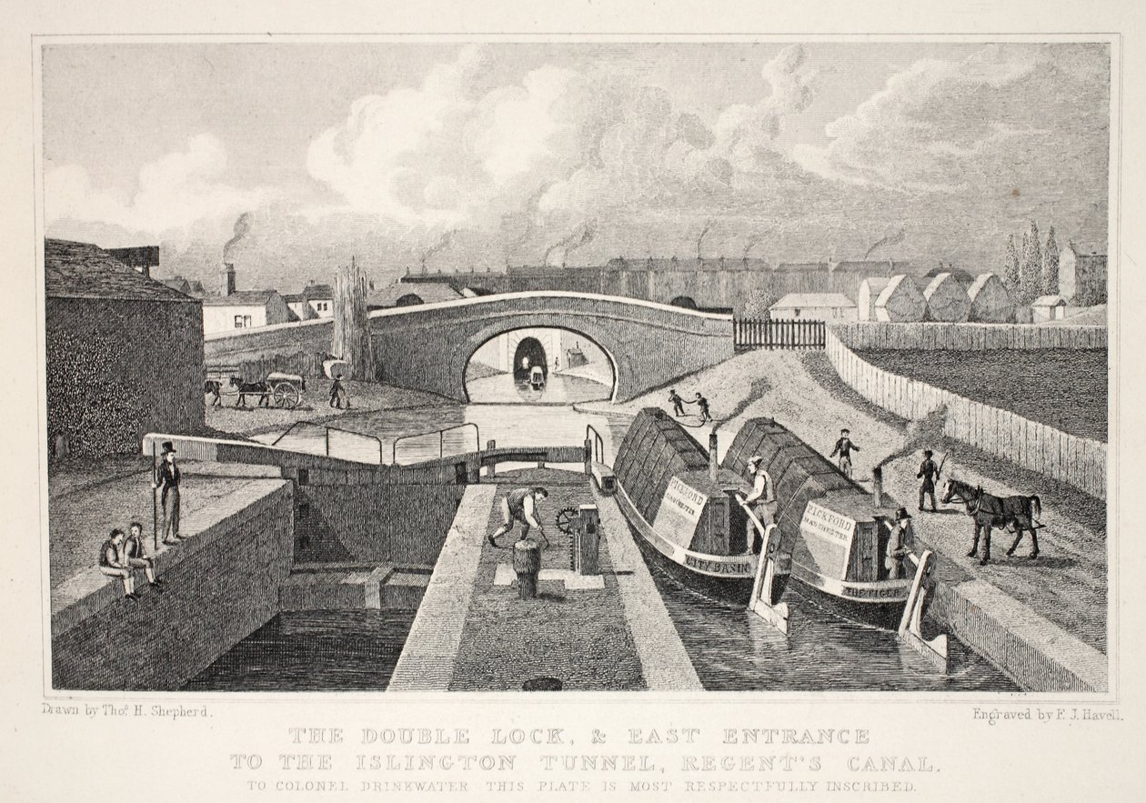 O Double Dock e a entrada leste do Islington Tunnel, Regent&39;s Canal, do pub "London and its Environs in the 19th Century". Jones und Co., 1827-1829 de Thomas Hosmer Shepherd