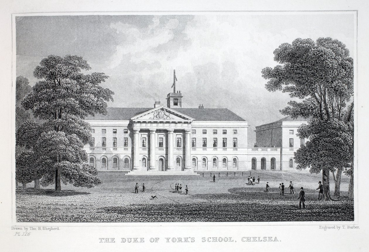 Escola do Duque de York, Chelsea, do pub "London and its Environs in the 19th Century". Jones und Co., 1827-1829 de Thomas Hosmer Shepherd