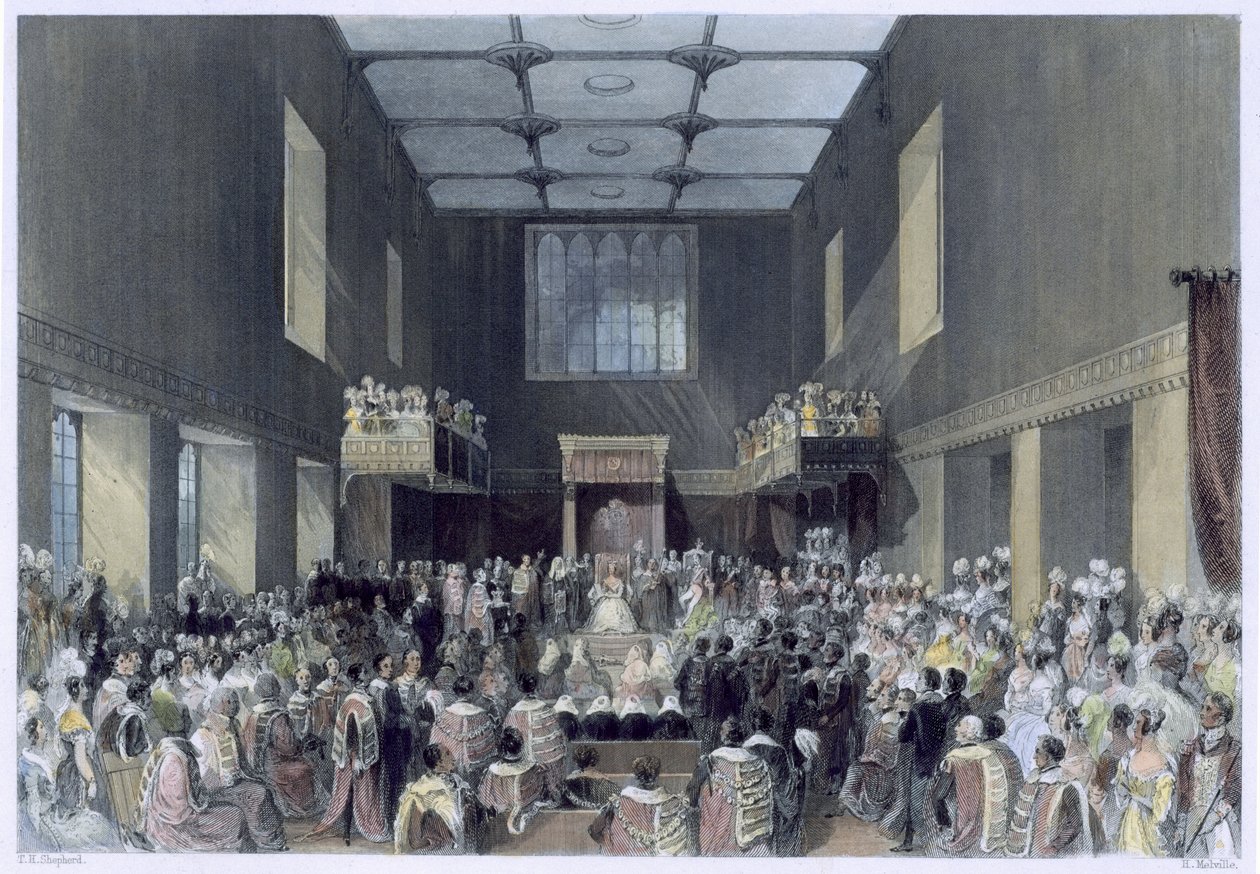 A Câmara dos Lordes, Sua Majestade, abrindo a Sessão do Parlamento, gravada por Henry Melville (fl.1826-41), c.1840 de Thomas Hosmer Shepherd