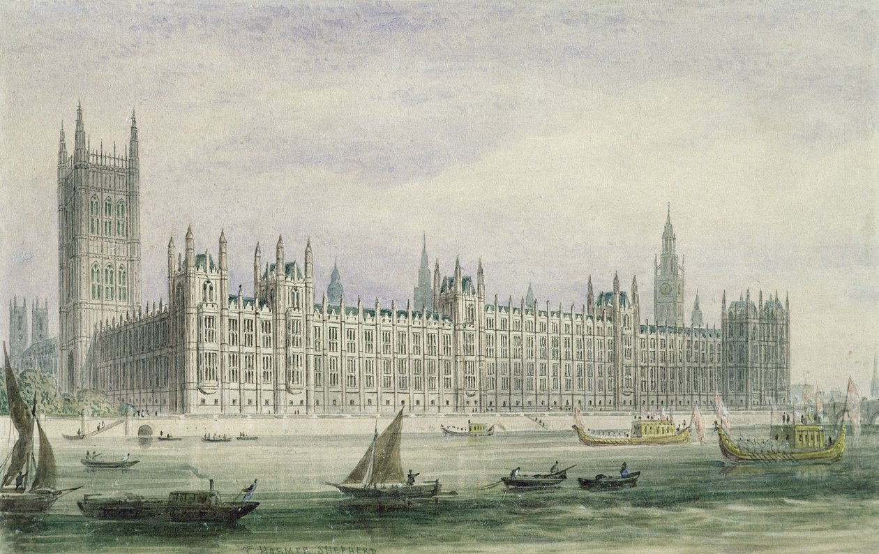 As Casas do Parlamento (grafite, caneta e tinta e papel) de Thomas Hosmer Shepherd