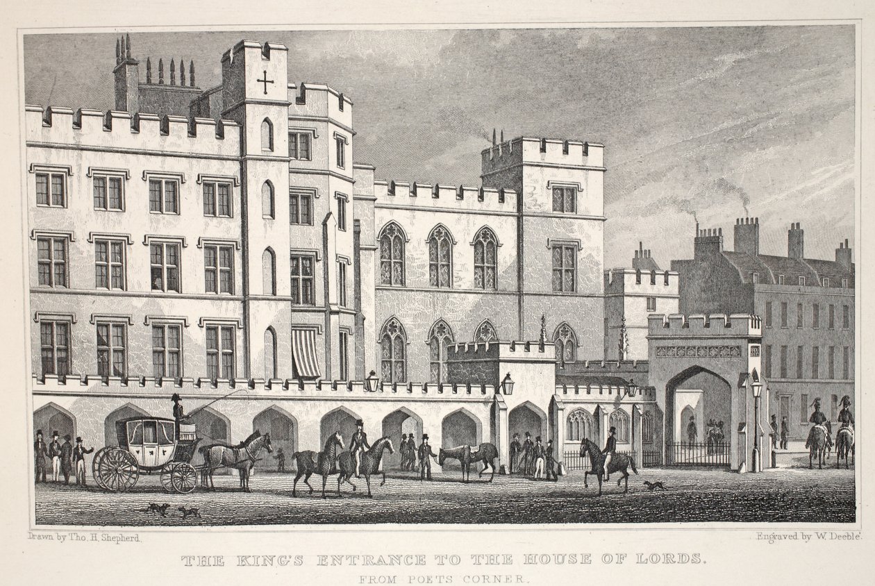 A Entrada do Rei para a Câmara dos Lordes de Poets Corner, do pub "London and its Environs in the 19th Century". Jones und Co., 1827-1829 de Thomas Hosmer Shepherd