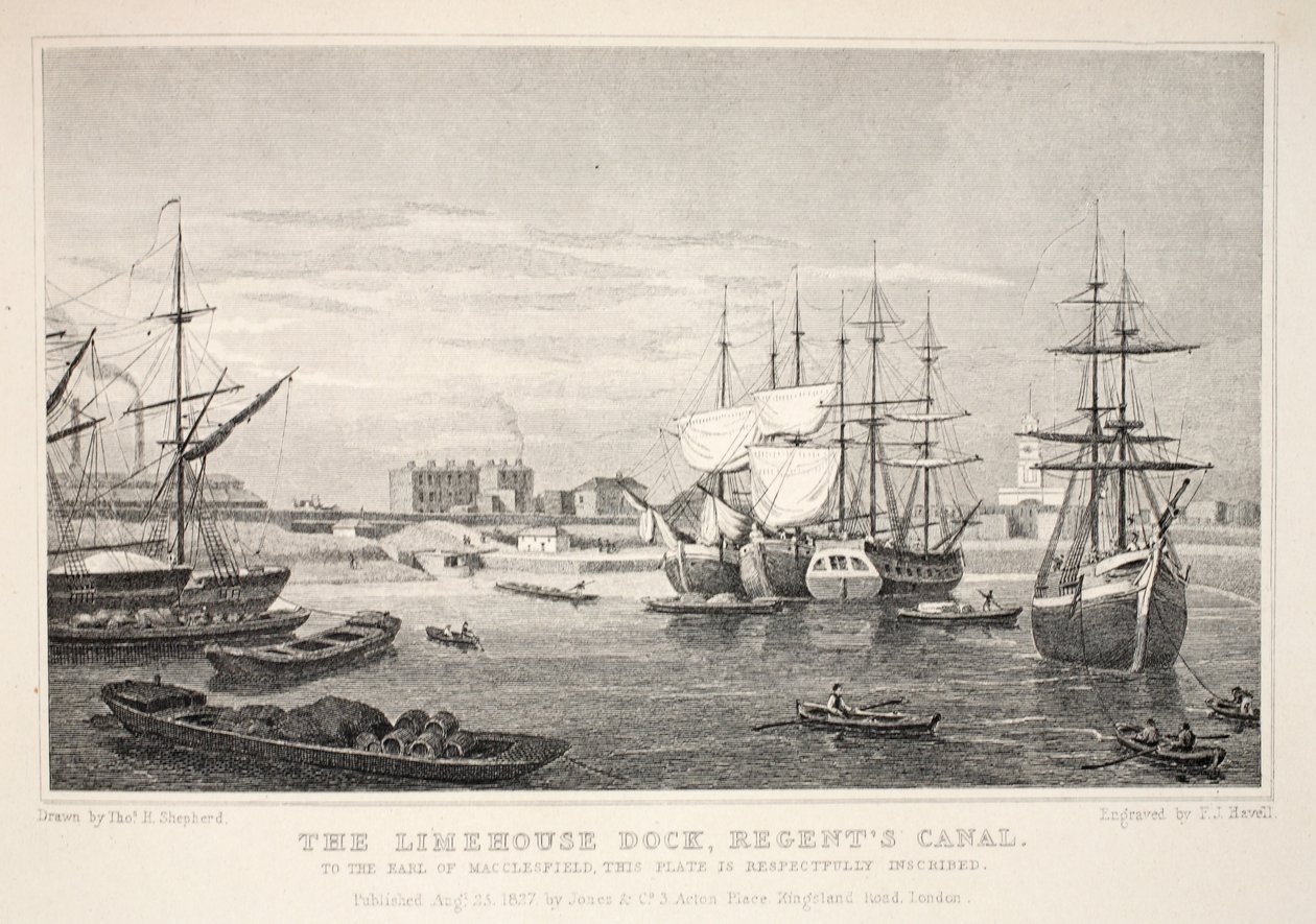 O Limehouse Dock, Regent&39;s Canal, do pub "London and its Environs in the 19th Century". Jones und Co., 1827-1829 de Thomas Hosmer Shepherd