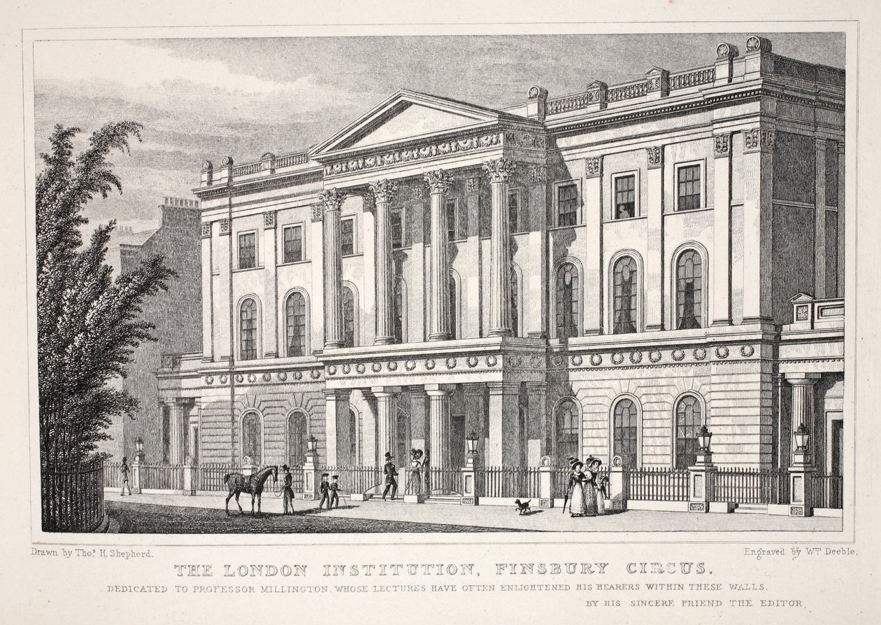 A instituição de Londres, Finsbury Circus, do pub "London and its Environs in the 19th Century". Jones und Co., 1827-1829 de Thomas Hosmer Shepherd