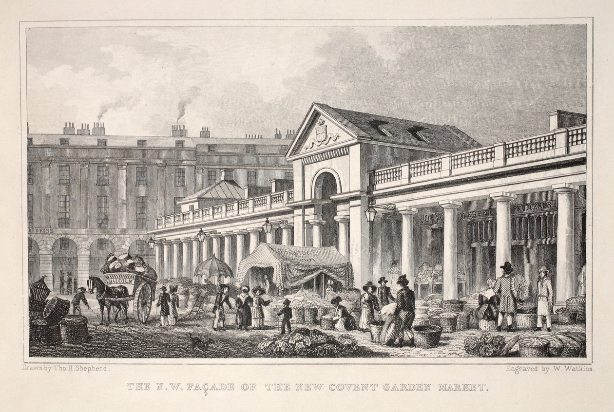 A fachada NW do novo mercado de Covent Garden, do pub "London and its Environs in the 19th Century". Jones und Co., 1827-1829 de Thomas Hosmer Shepherd