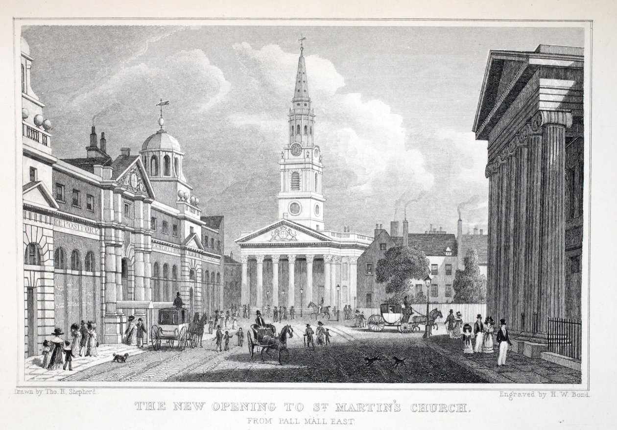 A Nova Abertura da Igreja de St Martin, de Pall Mall East, do pub "London and its Environs in the 19th Century". Jones und Co., 1827-1829 de Thomas Hosmer Shepherd
