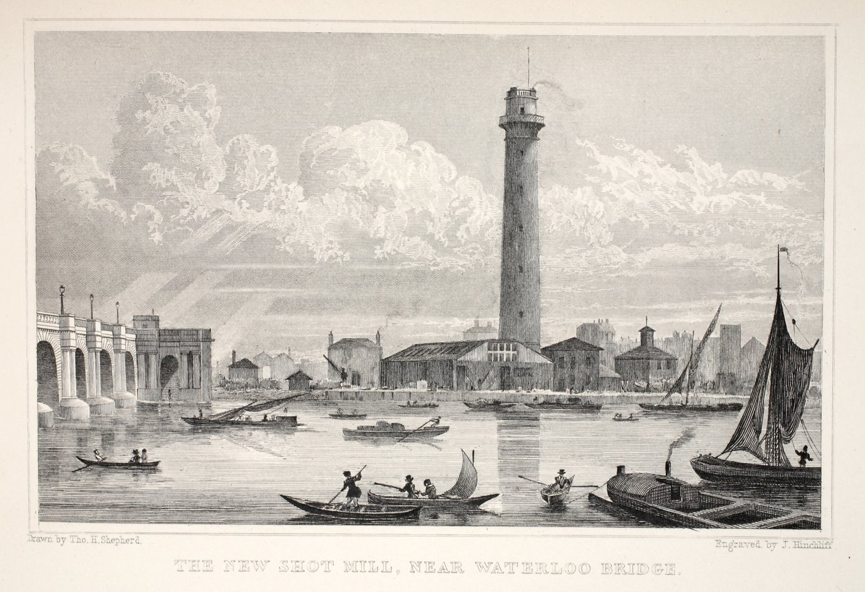 O New Shot Mill, próximo à Waterloo Bridge, do pub "London and its Environs in the 19th Century". Jones und Co., 1827-1829 de Thomas Hosmer Shepherd
