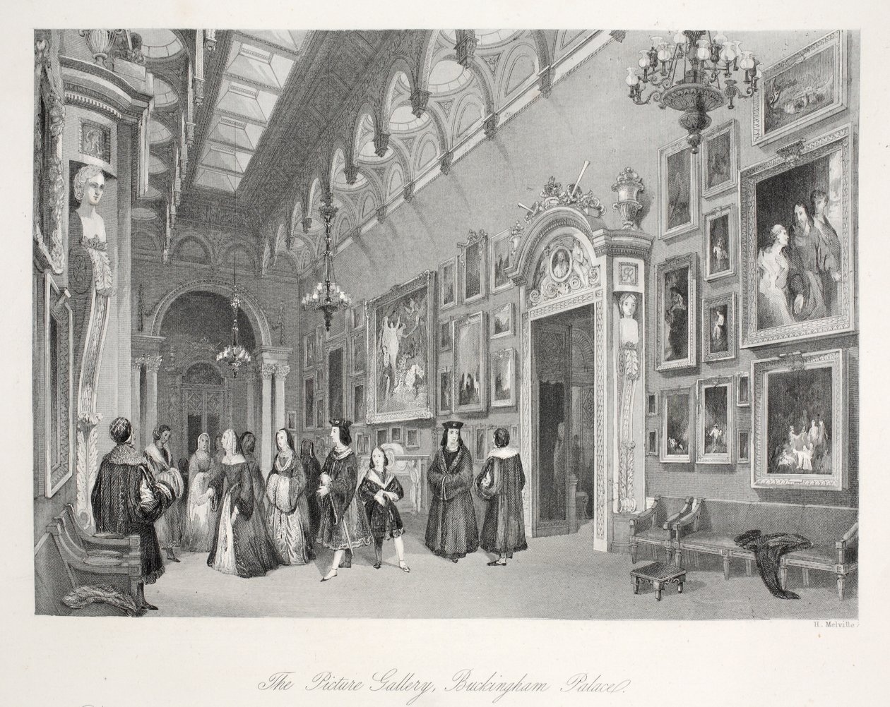 A galeria de imagens no Palácio de Buckingham, do pub &39;London Interiors with their Costumes and Ceremonies&39;. Joseph Mead, Londres, c.1843 (gravura em aço) de Thomas Hosmer Shepherd