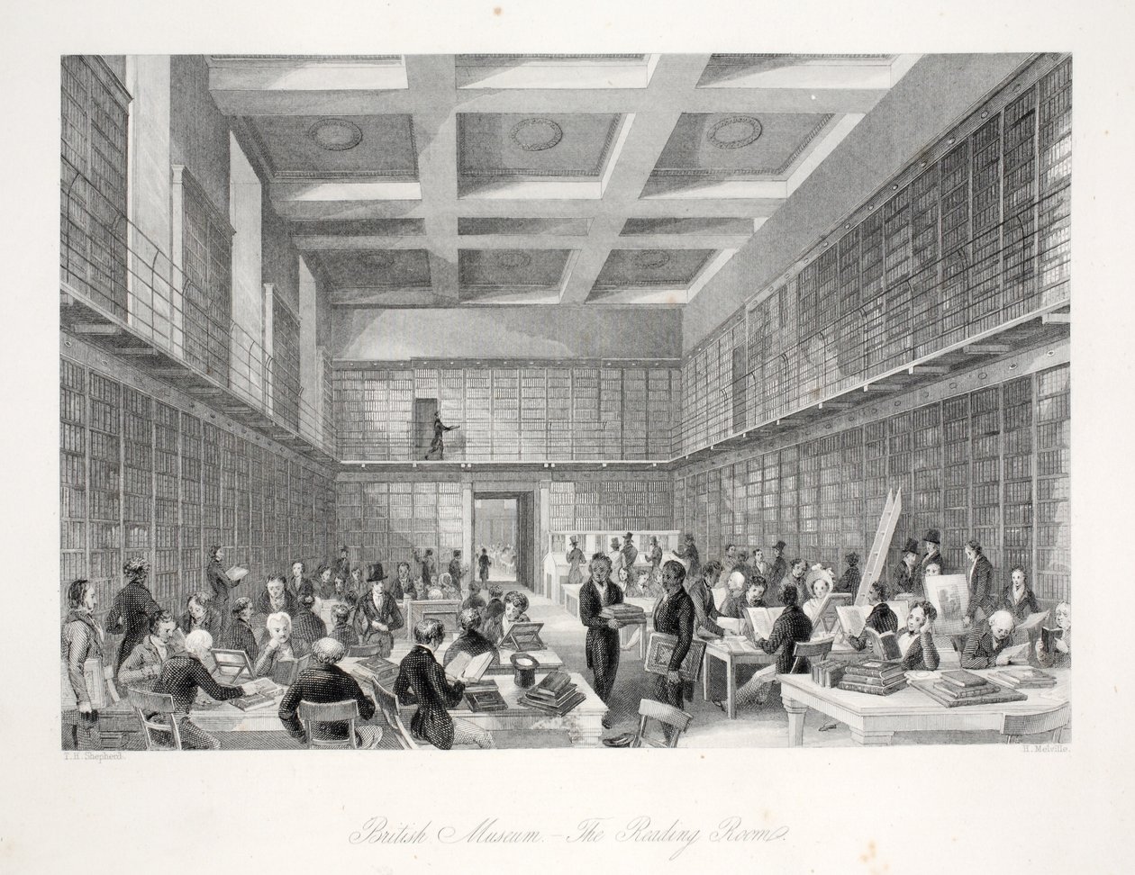 A Sala de Leitura e a Biblioteca do British Museum, do pub "London Interiors with Costumes and Ceremonies". Joseph Mead, Londres, c.1843 (gravura em aço) de Thomas Hosmer Shepherd