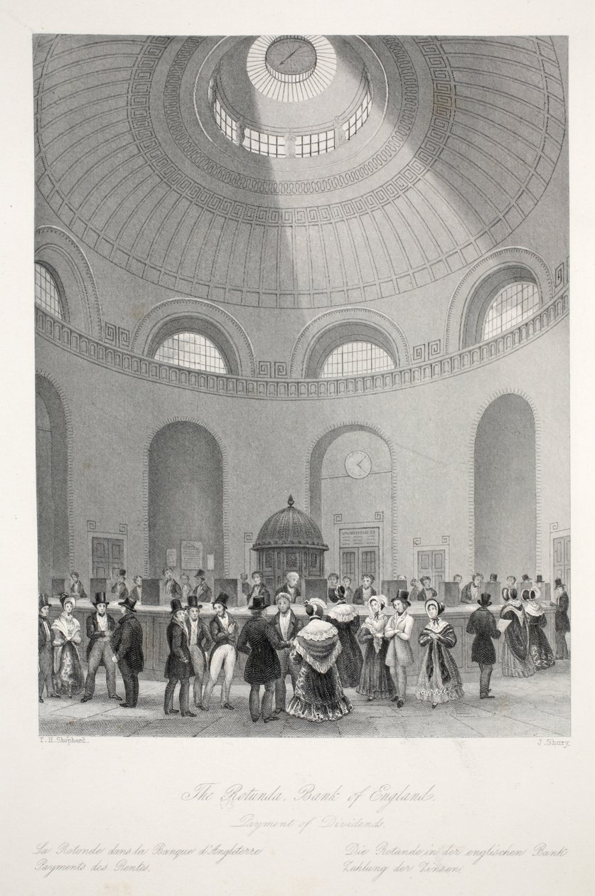 A Rotunda no Banco da Inglaterra, do pub "London Interiors with Costumes and Ceremonies". Joseph Mead, Londres, c.1843 (gravura em aço) de Thomas Hosmer Shepherd