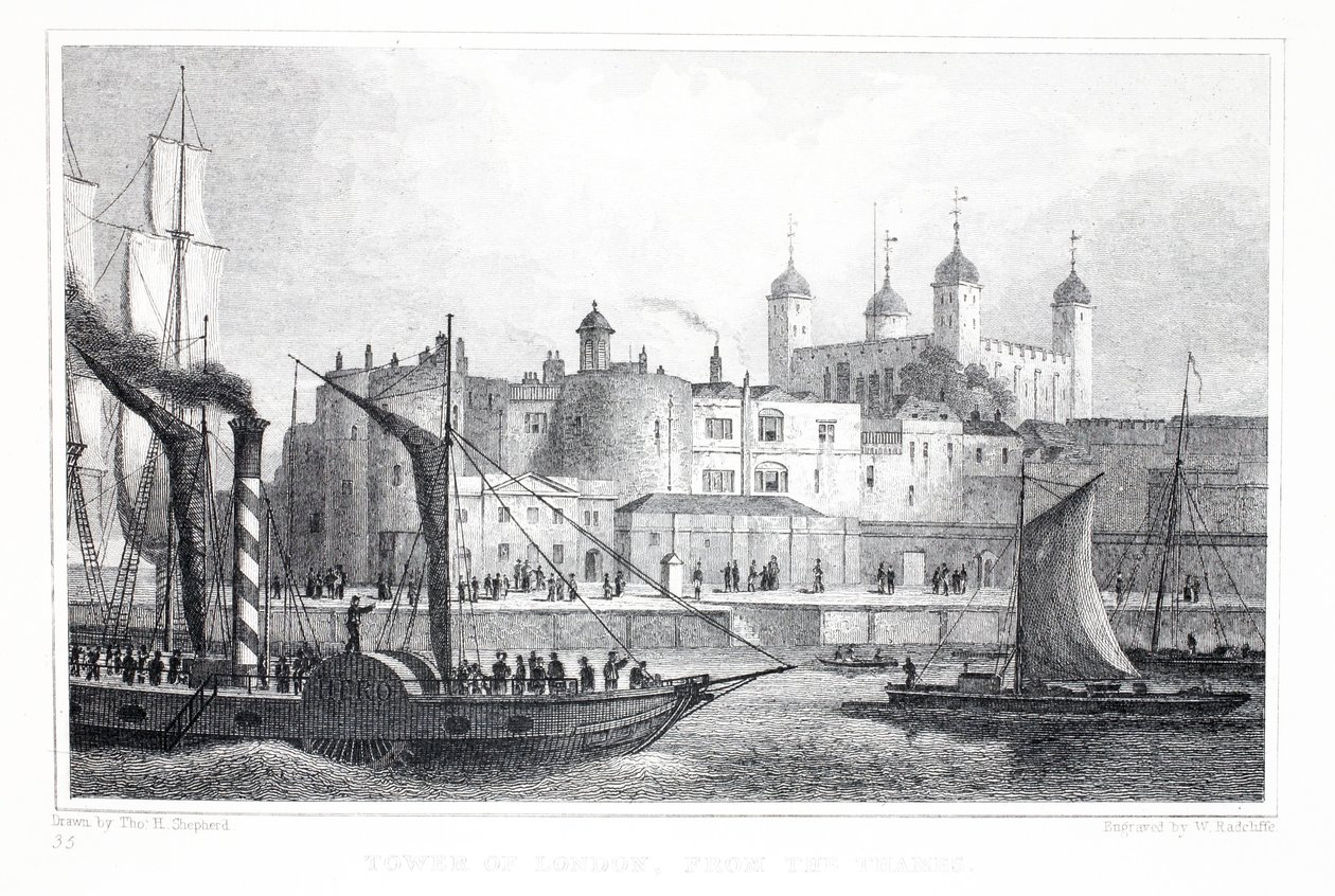A Torre de Londres, do rio Tâmisa, do pub "Londres e seus arredores no século XIX". Jones und Co., 1827-1829 de Thomas Hosmer Shepherd