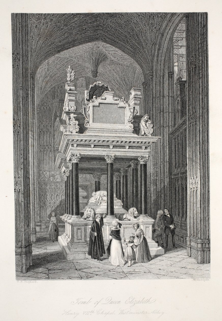 Túmulo da rainha Elizabeth I, do pub "London Interiors with Costumes and Ceremonies". Joseph Mead, Londres, c.1843 (gravura em aço) de Thomas Hosmer Shepherd