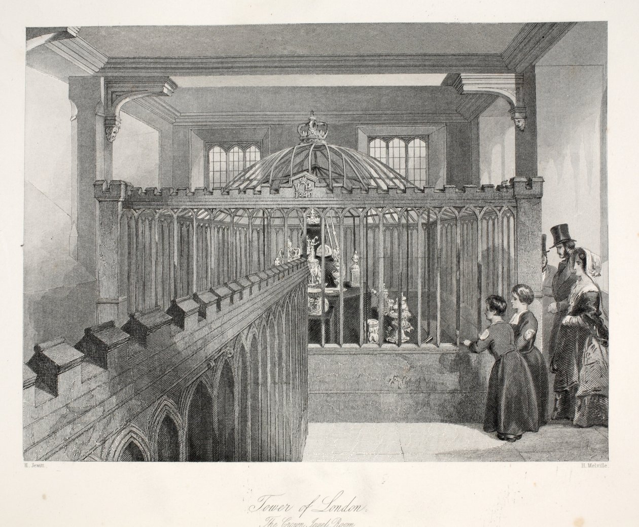 Torre de Londres, o Crown Jewel Room, do pub "London Interiors with their Costumes and Ceremonies". Joseph Mead, Londres, c.1843 (gravura em aço) de Thomas Hosmer Shepherd