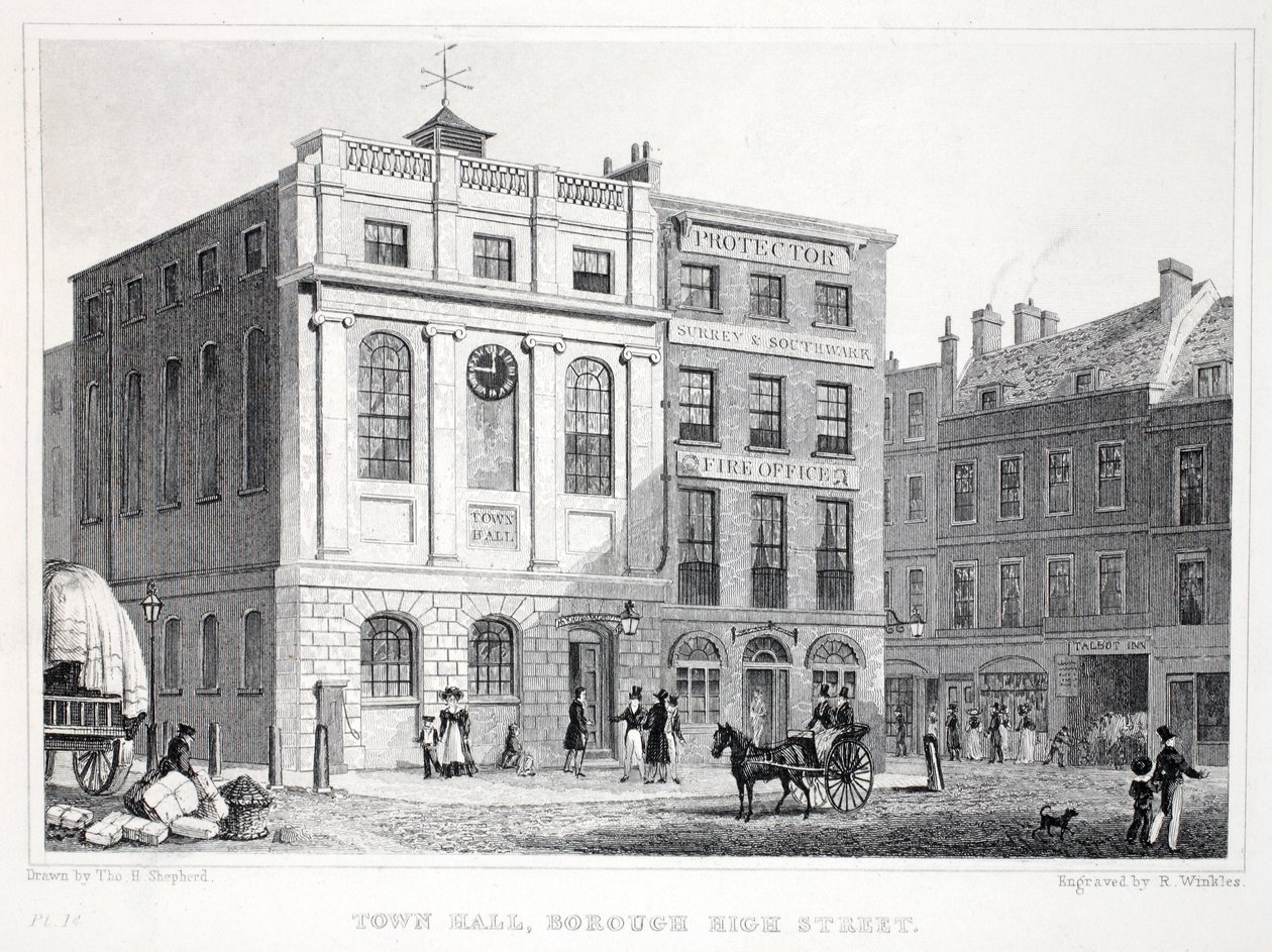 Prefeitura, Borough High Street, do pub "Londres e seus arredores no século XIX". Jones und Co., 1827-1829 de Thomas Hosmer Shepherd