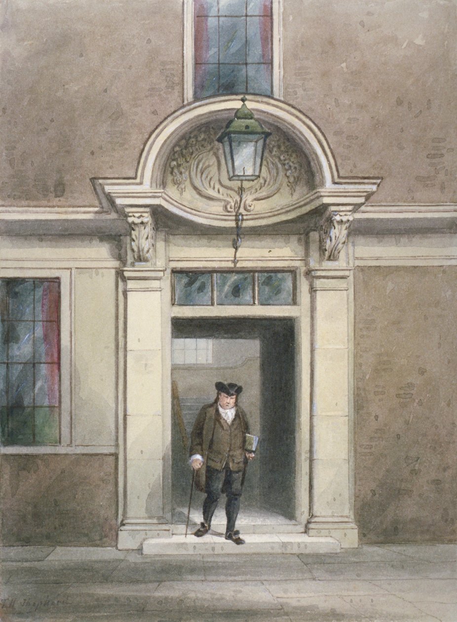 Vista da porta e escadaria do Dr. Johnson, Inner Temple Lane, City of London, 1855.      de Thomas Hosmer Shepherd
