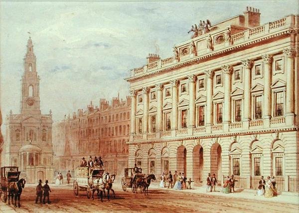 Vista da Casa de Somerset e da Igreja de Santa Maria Le Strand (lápis e aguarela sobre papel) de Thomas Hosmer Shepherd