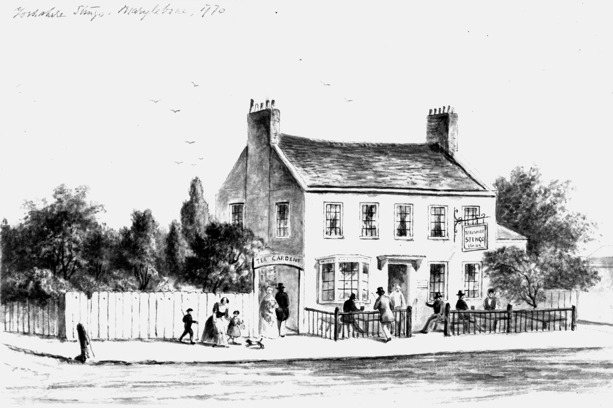 Vista do Yorkshire Stingo Public House em Paddington, 1860-1859 (desenho) de Thomas Hosmer Shepherd