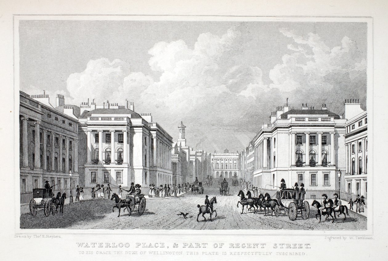 Waterloo Place, e parte da Regent Street, do pub "London and its Environs in the 19th Century". Jones und Co., 1827-1829 de Thomas Hosmer Shepherd