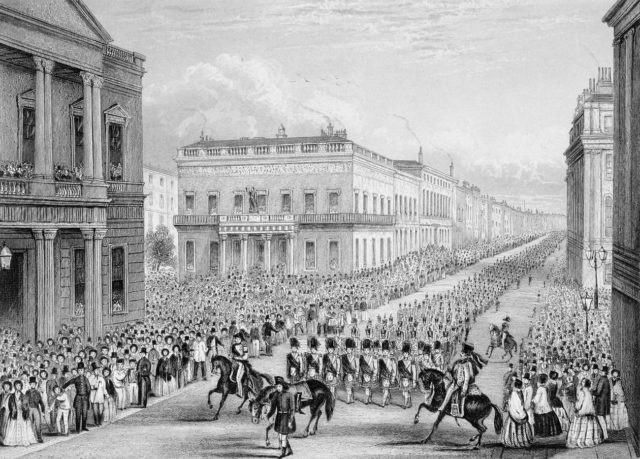 O cortejo fúnebre de Wellington passando pelo Senior United Service Club, Pall Mall Mall, Londres, 1852 de Thomas Hosmer Shepherd