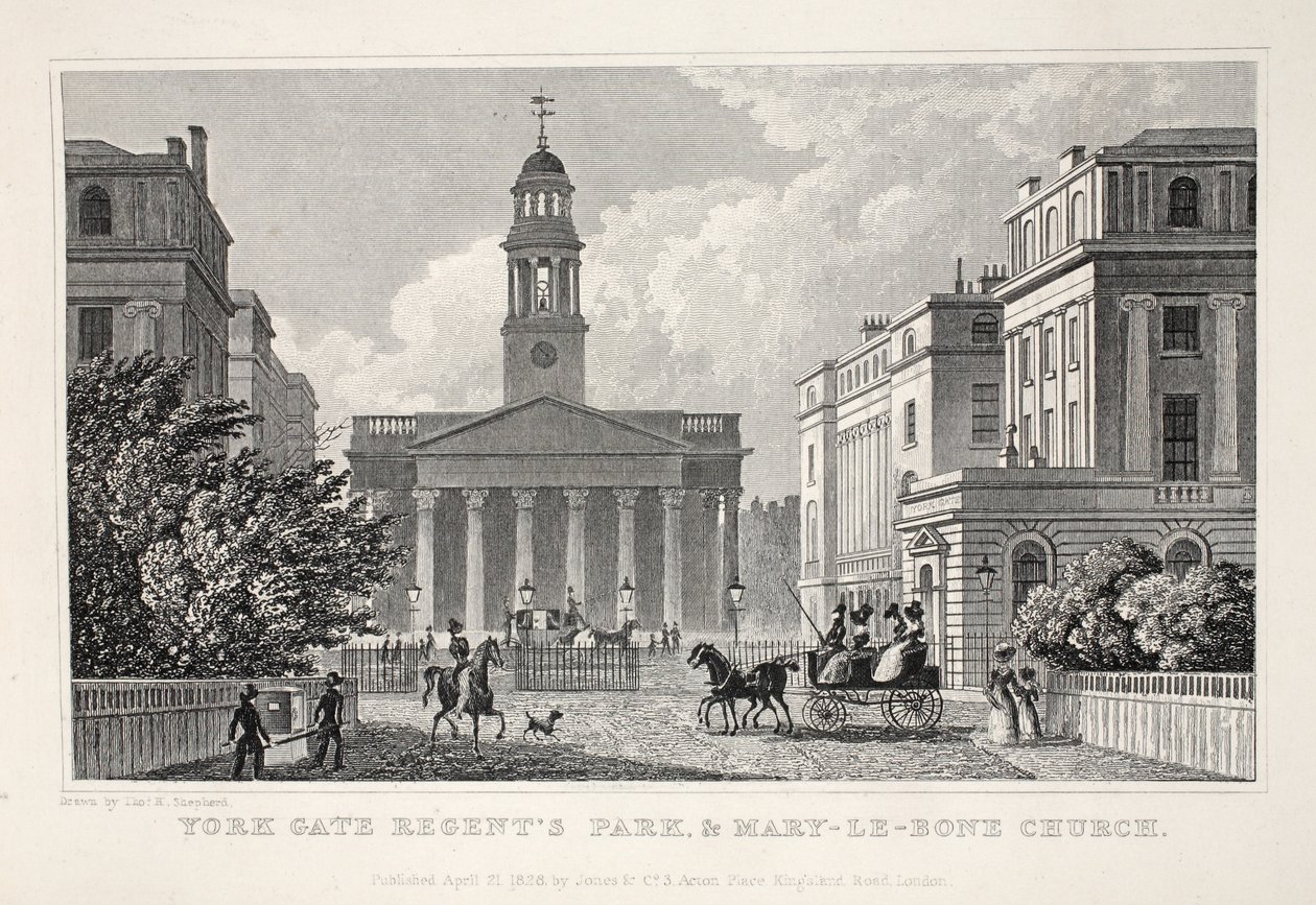 Portão de York, Regent&39;s Park e Mary-le-Bow Church, do pub "London and its Environs in the 19th Century". Jones und Co., 1827-1829 de Thomas Hosmer Shepherd