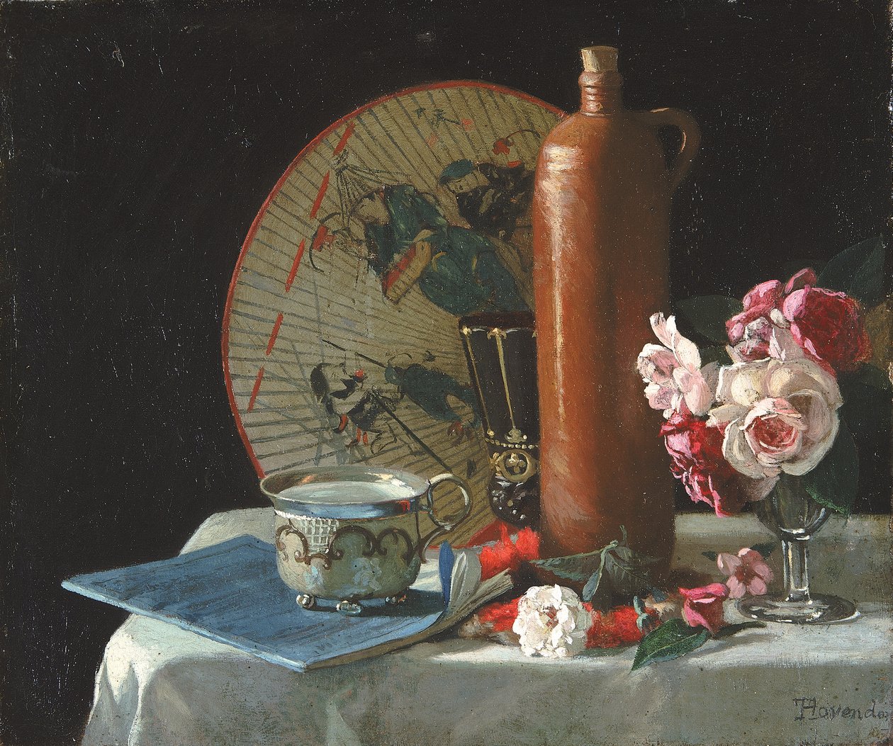 Natureza morta com leque e rosas, 1874. de Thomas Hovenden