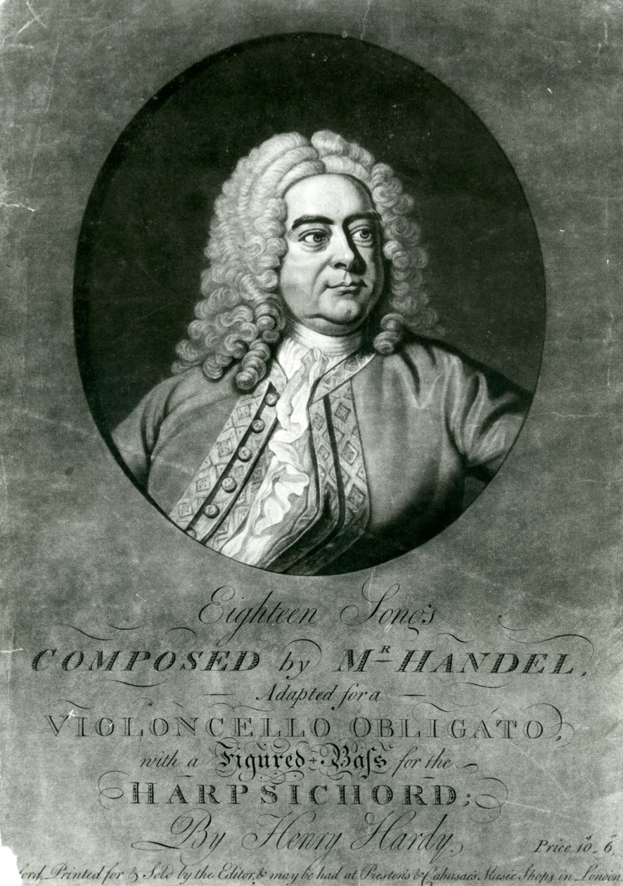 Dezoito canções compostas por Handel adaptado para um Obligato Violoncelo com Cravo por Henry Hardy (gravura mezzotint) de Thomas Hudson