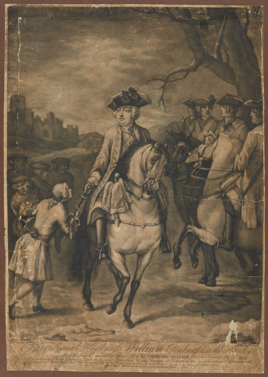 SAR O Duque de Cumberland e o Comandante Francês entregando Carlisle a Sua Alteza, 30 de dezembro de 1745, 1746 (mezzotint) de Thomas Hudson