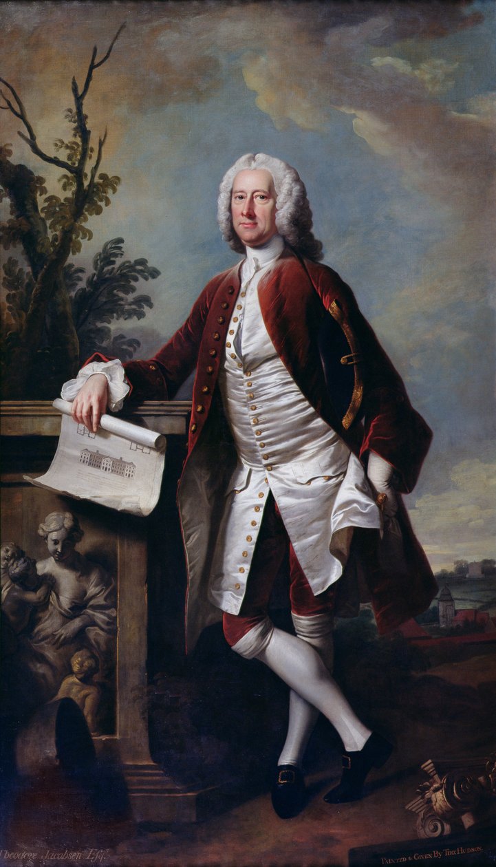 Retrato de Theodore Jacobsen, arquiteto do Hospital Foundling, mostrado segurando um desenho da Frente Ocidental, c.1742 de Thomas Hudson