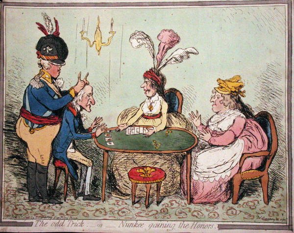 The Odd Trick, ou Nunkee Gaining the Honours, publicado por Hannah Humphrey em 1796 (gravura colorida à mão) de Thomas Humphrey