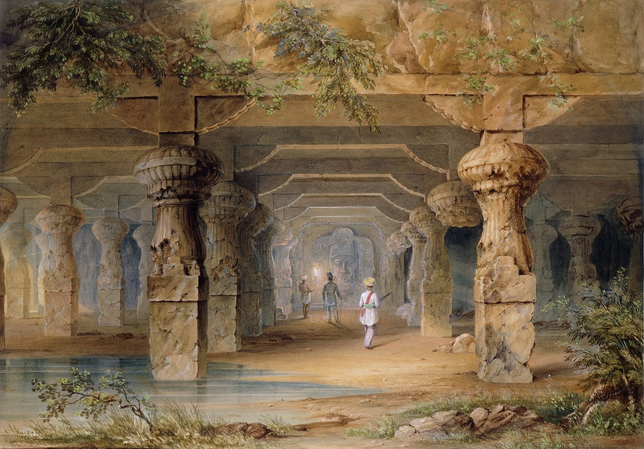 O interior da grande caverna, Elephanta, Bombaim, século XIX de Thomas J. Rawlins