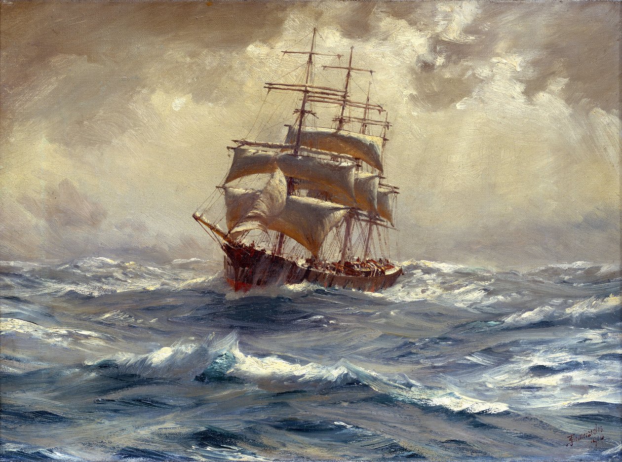 Navio de 4 mastros assombrado antes da tempestade, este tipo de embarcação era utilizado para o comércio de cereais e nitratos provenientes da América do Sul, em torno do Cabo Horn (Chile) de Thomas J. Somerscales