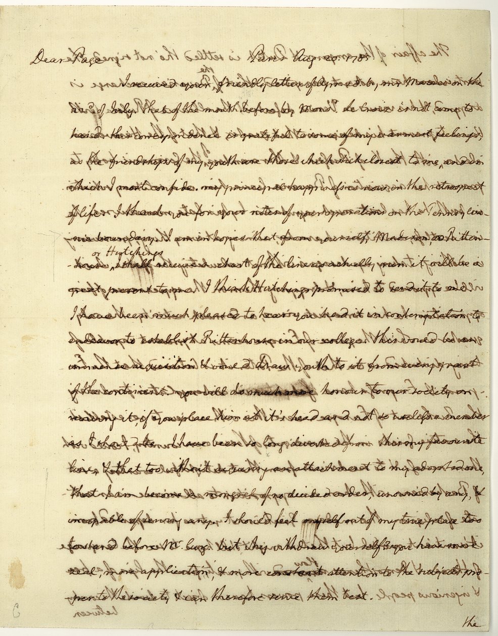 Carta de autógrafos assinada como Ministro dos EUA na França, ao Dr. John Page de Thomas Jefferson