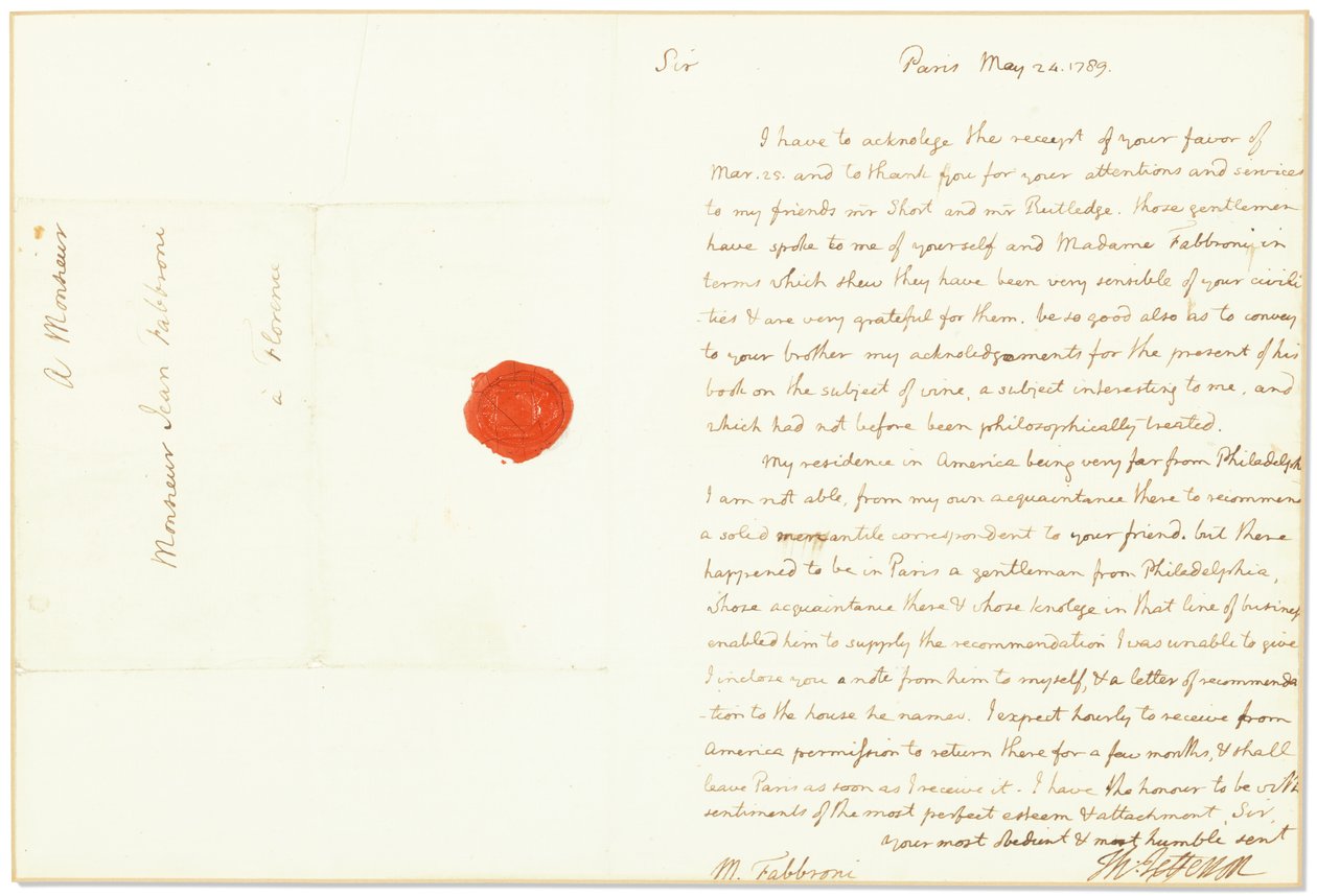 Carta de autógrafos assinada como embaixadora dos Estados Unidos na França, para Giovanni Fabbroni, Paris, 24 de maio de 1789 de Thomas Jefferson