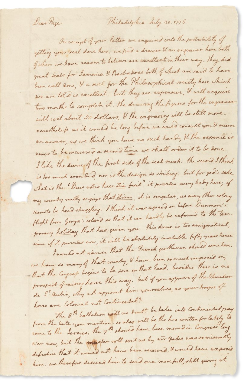 Carta de autógrafos para John Page, Filadélfia, 30 de julho de 1776 de Thomas Jefferson