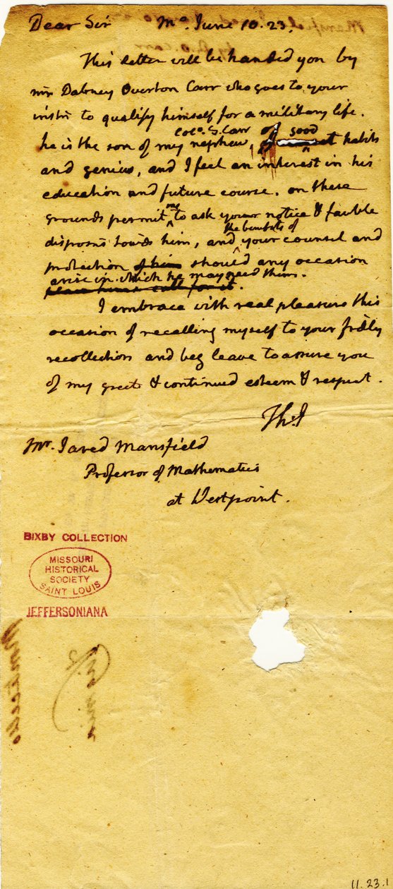 Carta de Thomas Jefferson (somente iniciais), Monticello, a Jared Mansfield, professor de matemática em West Point, 10 de junho de 1823 de Thomas Jefferson