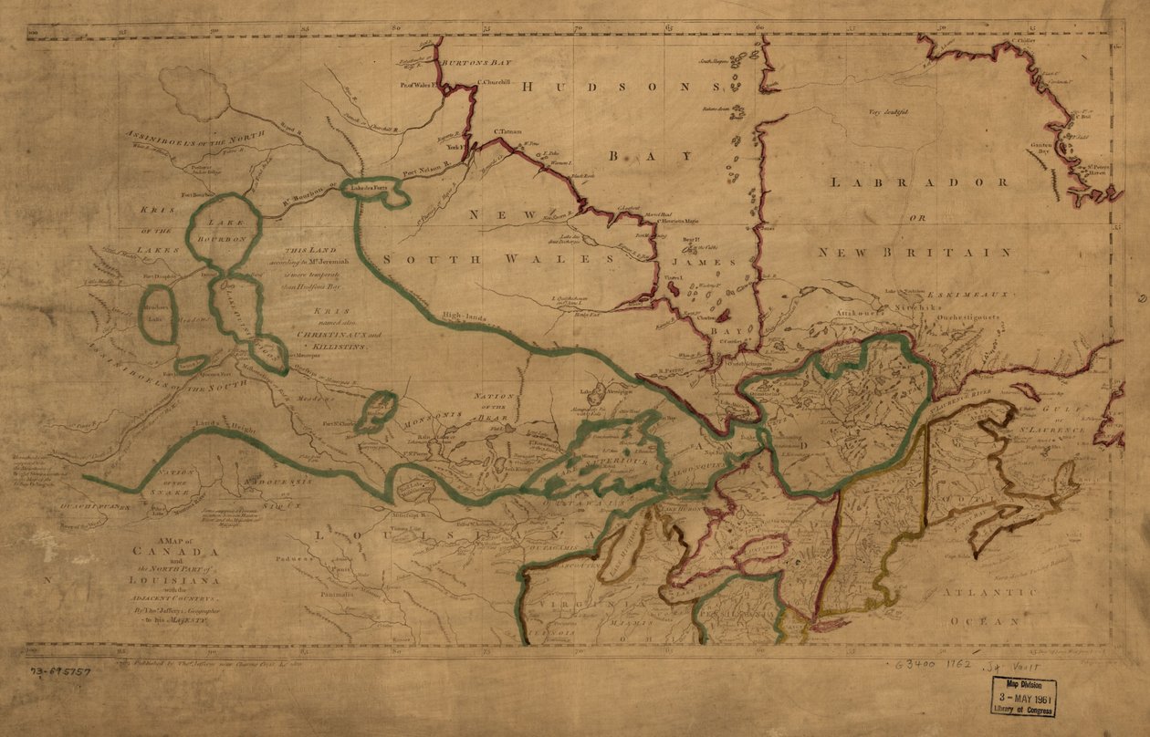 Um mapa do Canadá e da parte norte do Louisiana com os países adjacentes. LOC 73695757 de Thomas Jefferys