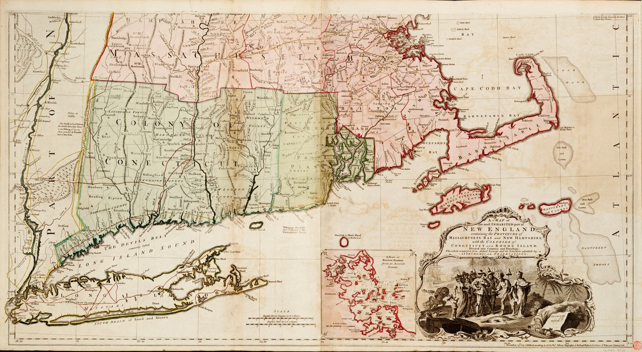 Um mapa da parte mais habitada da Nova Inglaterra, contendo as províncias da Baía de Massachusetts e New Hampshire com as colónias de Connecticut e Rhode Island de Thomas Jefferys