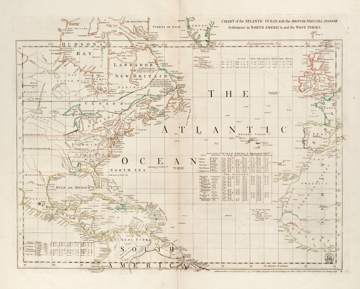 Carta do Oceano Atlântico, com as colónias britânicas, francesas e espanholas na América do Norte e nas Índias Ocidentais de Thomas Jefferys
