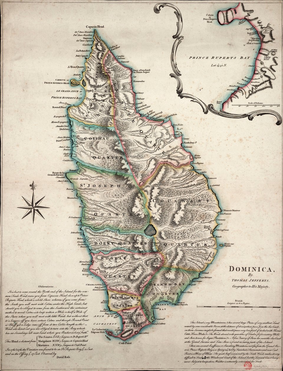 Mapa a cores da Domínica com observações geográficas pormenorizadas, c.1760 (gravura a cores) de Thomas Jefferys