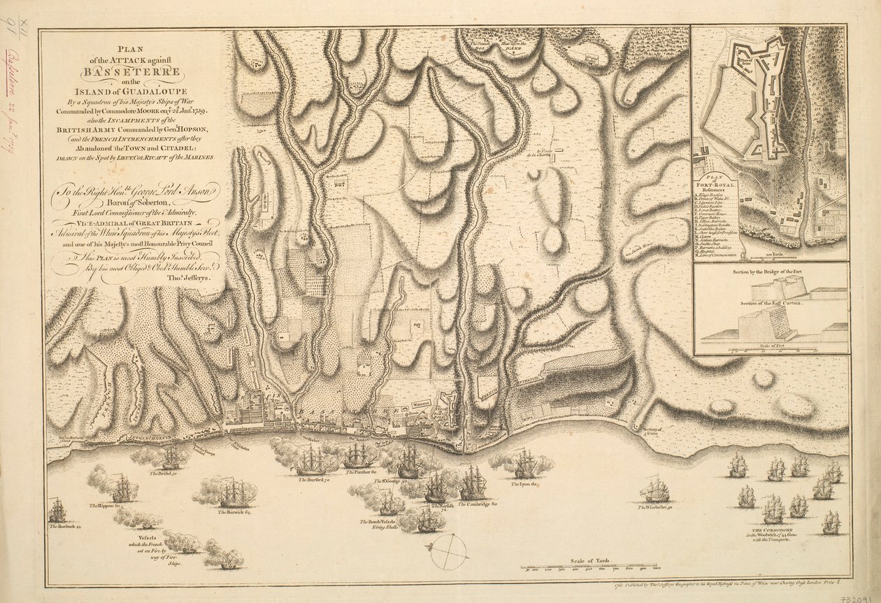 PLANO DO ATAQUE contra BASSETERRE na ILHA DE GUADALOUPE por uma esquadra de navios de guerra de Sua Majestade comandada pelo Comodoro MOORE em 22 de janeiro de 1759. também os INCENTIVOS do EXÉRCITO BRITÂNICO comandado pelo General HOPSON, e o INTRENCHME F de Thomas Jefferys