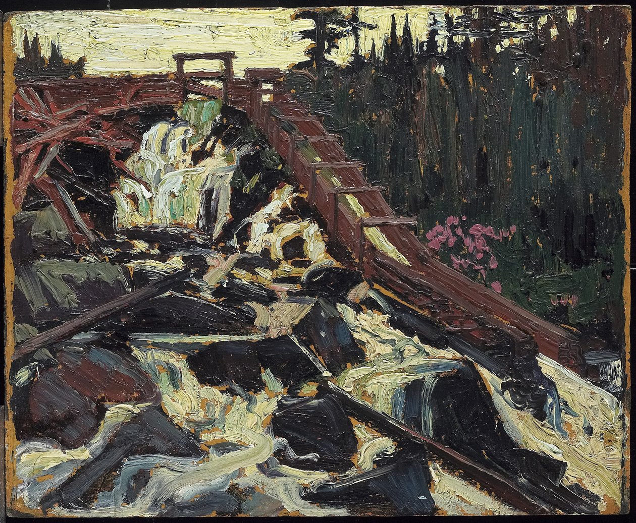 Calha de madeira, 1915 (óleo sobre compósito de pasta de madeira) de Tom Thomson