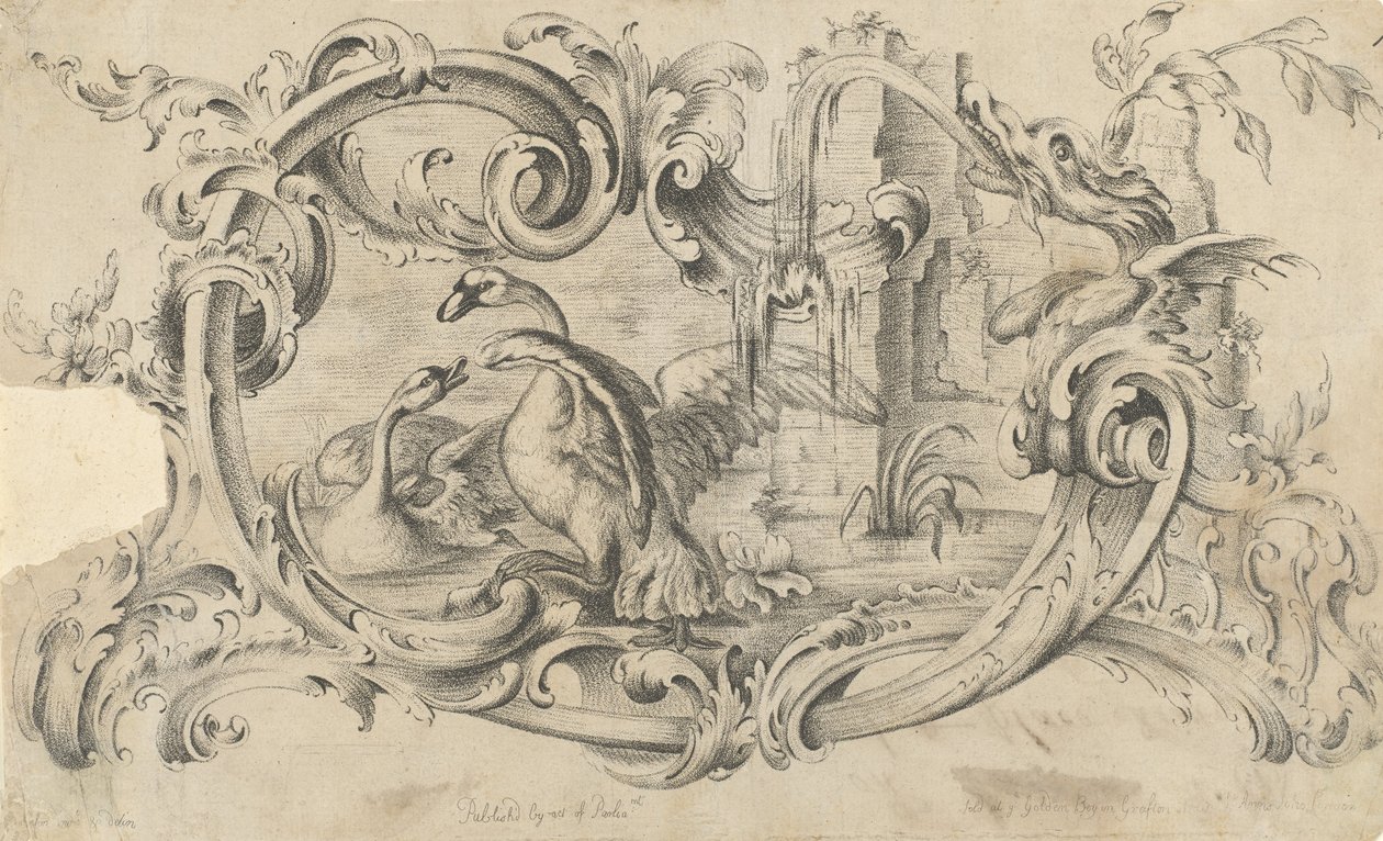 Projeto para um Tablet para uma Chaminé com Dois Cisnes em Combate, Fechado em um Pergaminho..., 1762. de Thomas Johnson
