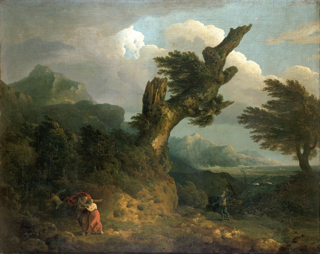 Uma tempestade - Prospero, Miranda e Caliban espiam o náufrago Ferdinand, 1778 de Thomas Jones
