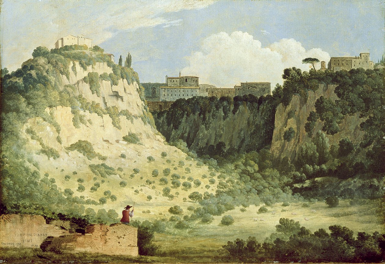 Vista do templo de Diana, Nemi, com um pastor em primeiro plano, 1785 de Thomas Jones