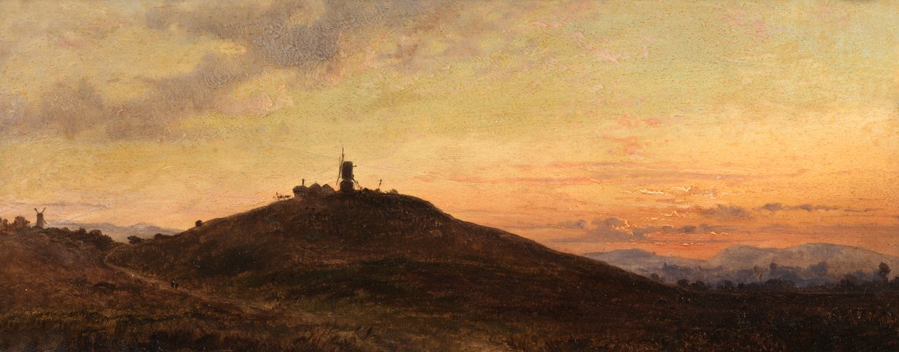 Moinho de vento ao pôr do sol (óleo a bordo) de Thomas Jr. Whittle
