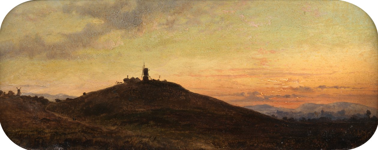 Moinho de vento ao pôr do sol (óleo a bordo) de Thomas Jr. Whittle