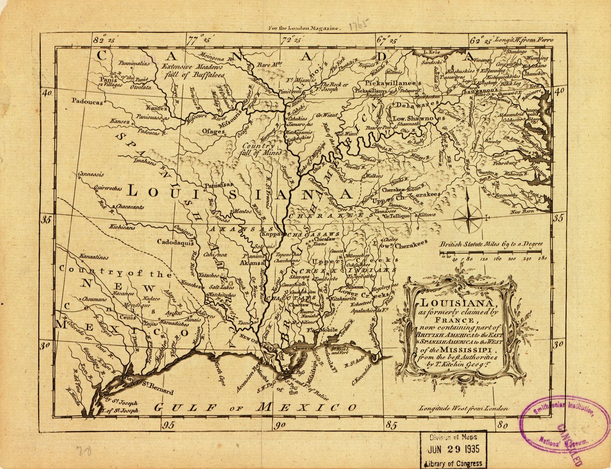 Louisiana, como anteriormente reivindicada pela França, contendo agora parte da América Britânica a leste e da América Espanhola a oeste do Mississipi. LOC 77690498 de Thomas Kitchin
